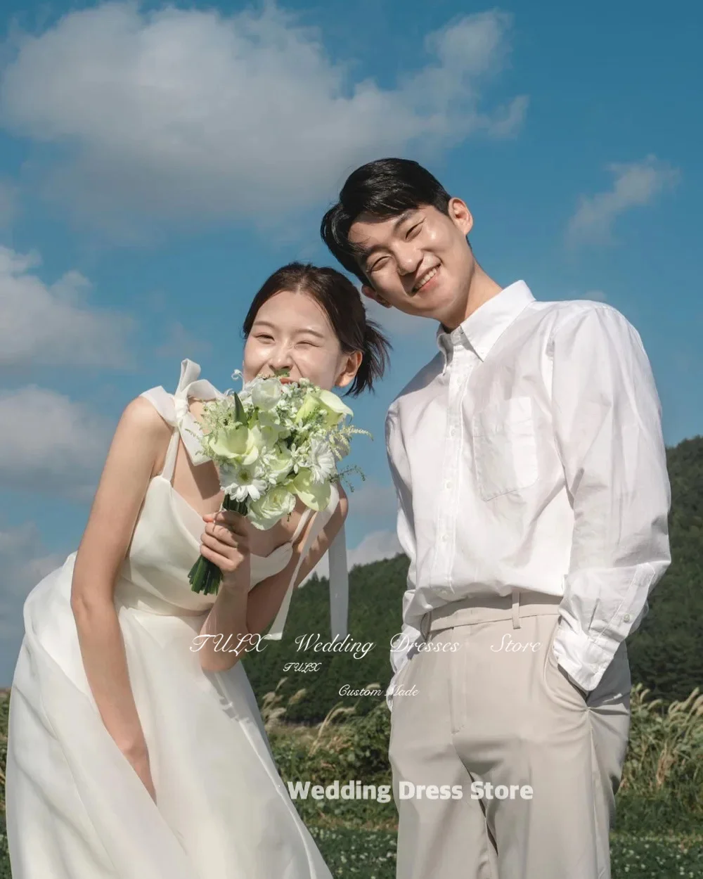 A line Korea wedding dress photoshoot spaghetti straps sleeveless organza bridal gown zip and corset back