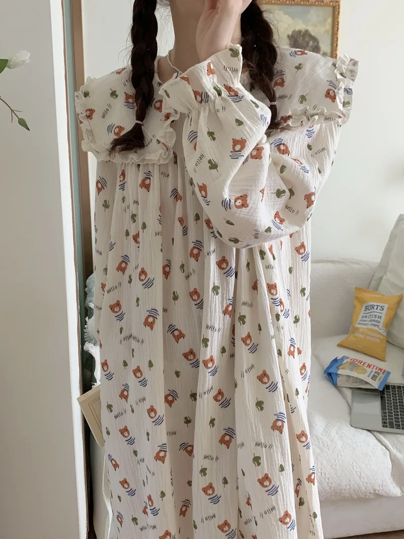 

Pajamas for Women Kawaii Cute Bear Pajamas Ruffles Doll Collar Nightwear Set Teen Girls Home Clothes Autumn Winter Nightgowns
