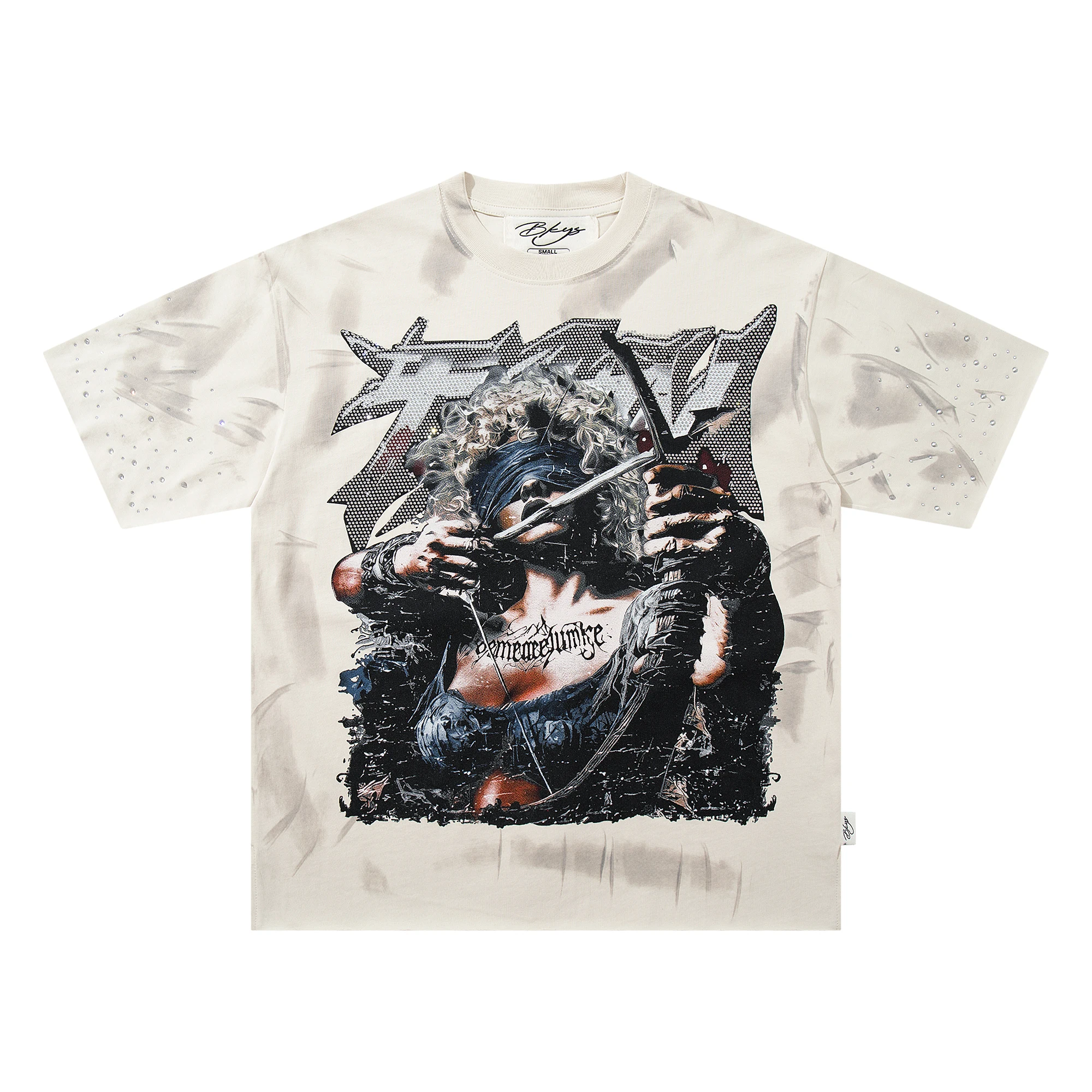 Vintage T-Shirt mit Kriegerinnen-Grafik für Männer, Distressed Gradient Washed Tee, Oversized Hip-Hop T-Shirts, Streetwear, Y2k-Kleidung, C