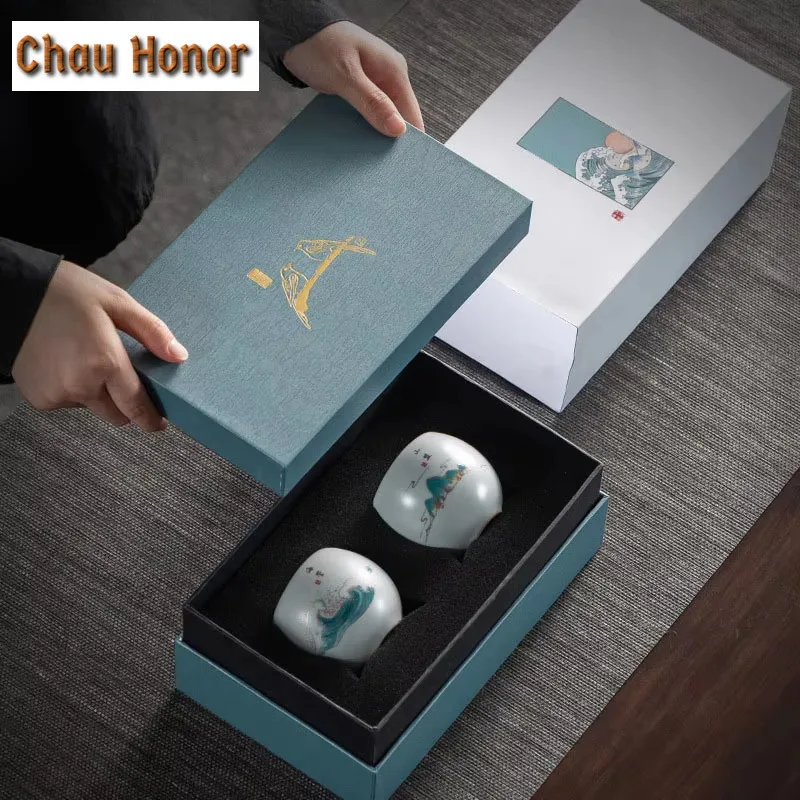 2pc130ml High-end Ru Kiln Chinese Ceramics Tea Cup  Household Kung Fu Tea Set Tea Ceremony Accessories Drinkware Gift Packaging