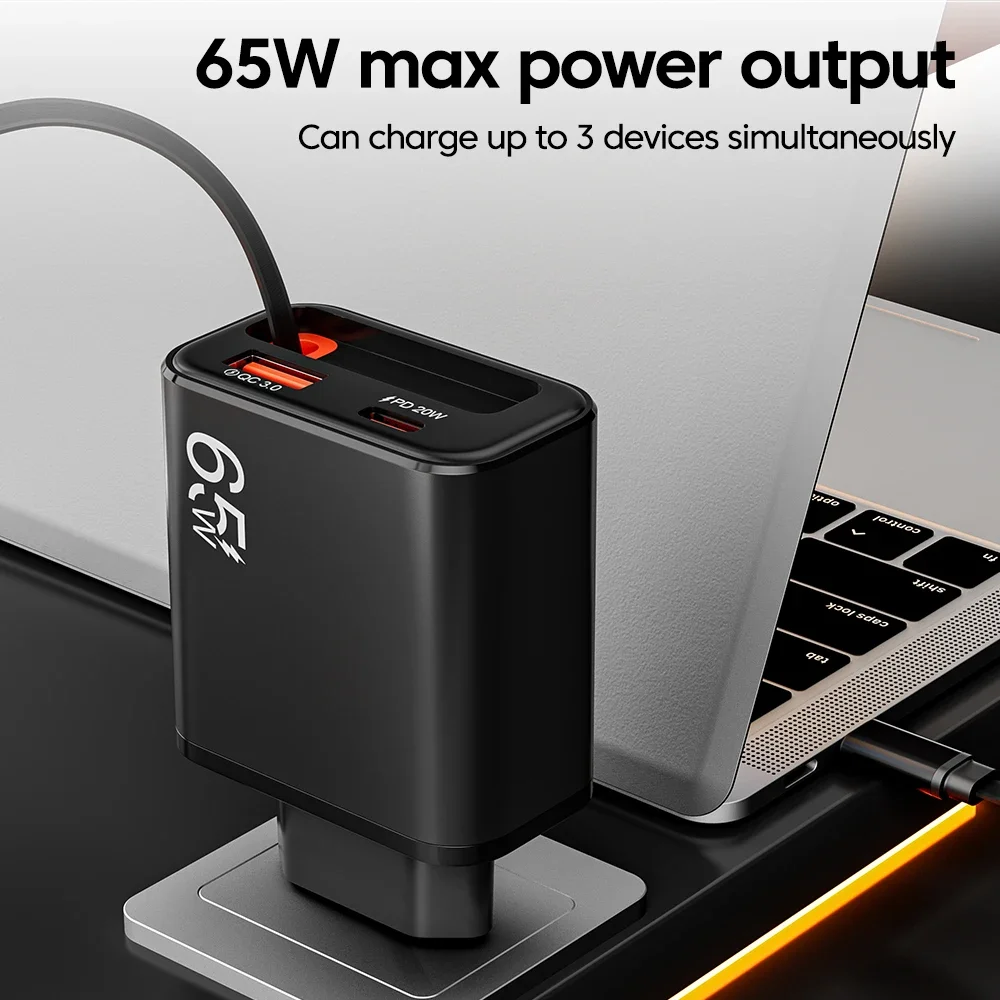 Caricatore USB da 65W QC 3.0 con Cavo USB-C Retrattile a Ricarica Super Veloce per iPhone 17, Huawei, Xiaomi - Image 3