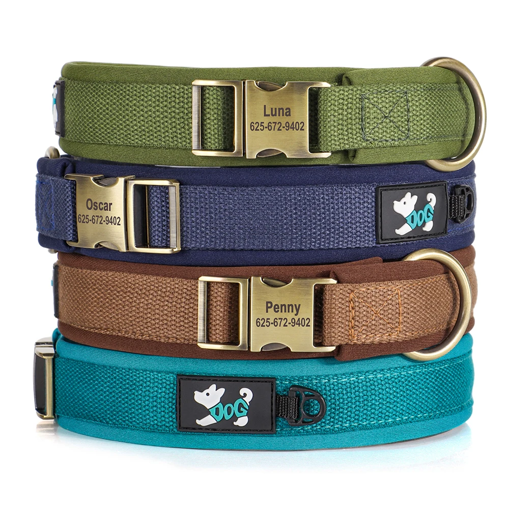 Free Engaved Dog Collar Durable Nylon Pet Dogs Name Buckle Collars Soft Padded Bulldog Pug Necklace for Small Medium Large Dogs
