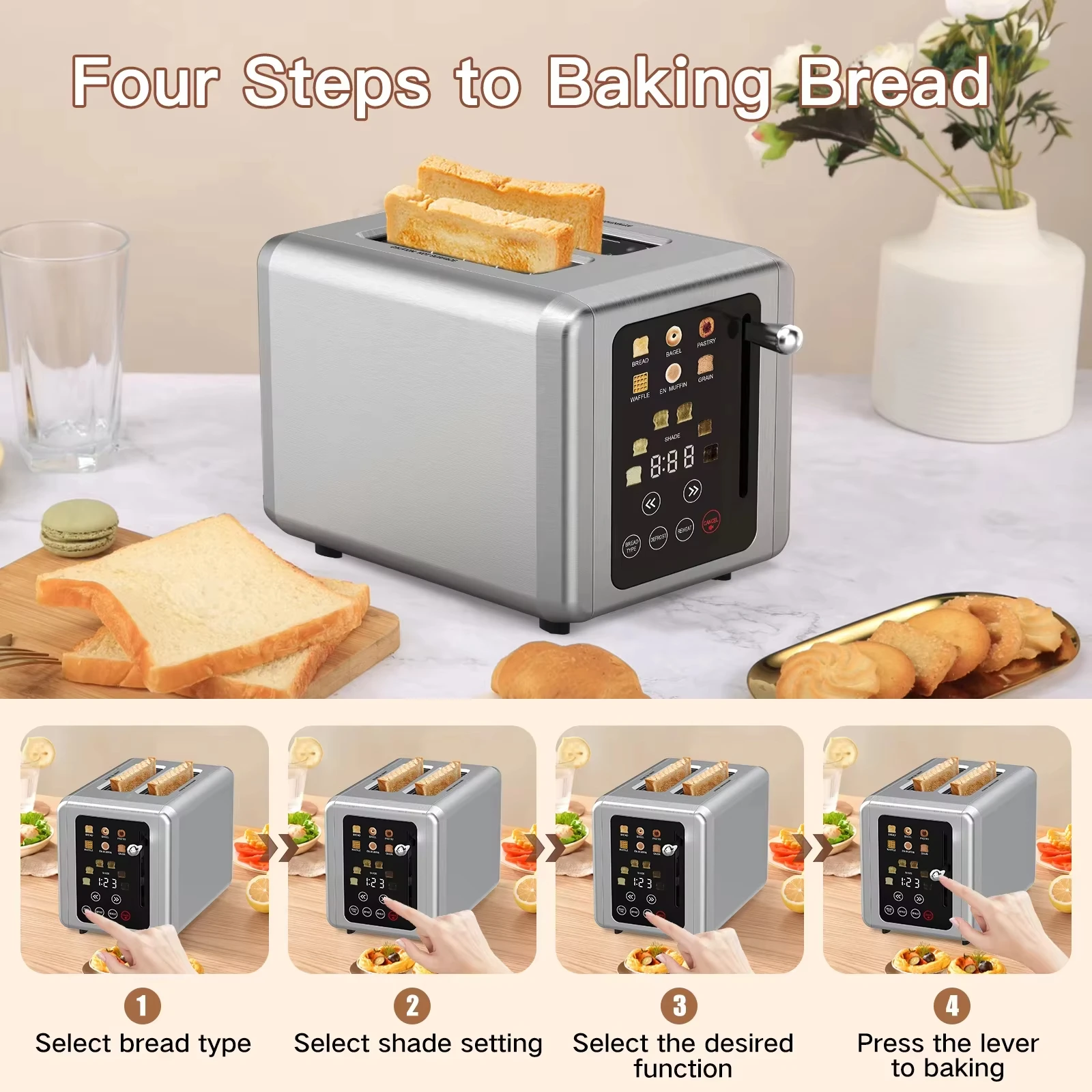 Six-in-One Intelligent Touch Screen Breakfast Machine Multifunction 2-Slice Sandwich Maker Home Use Toaster Waffle Maker USB