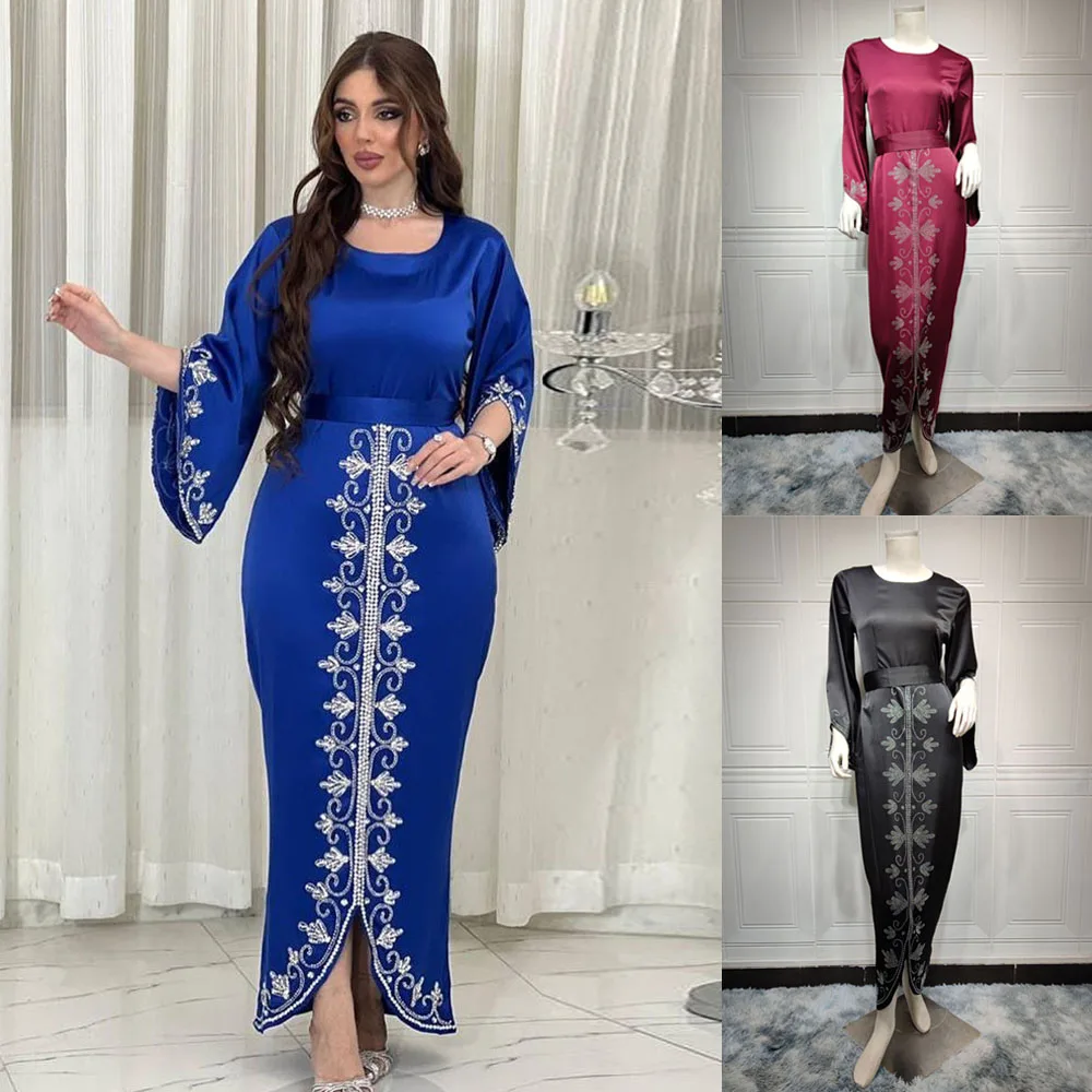 

Dubai Abaya Dress For Women Luxury Diamonds Satin Kaftan Turkey Arabic Muslim Islamic Clothing Autumn 2024 New Moroccan Robe