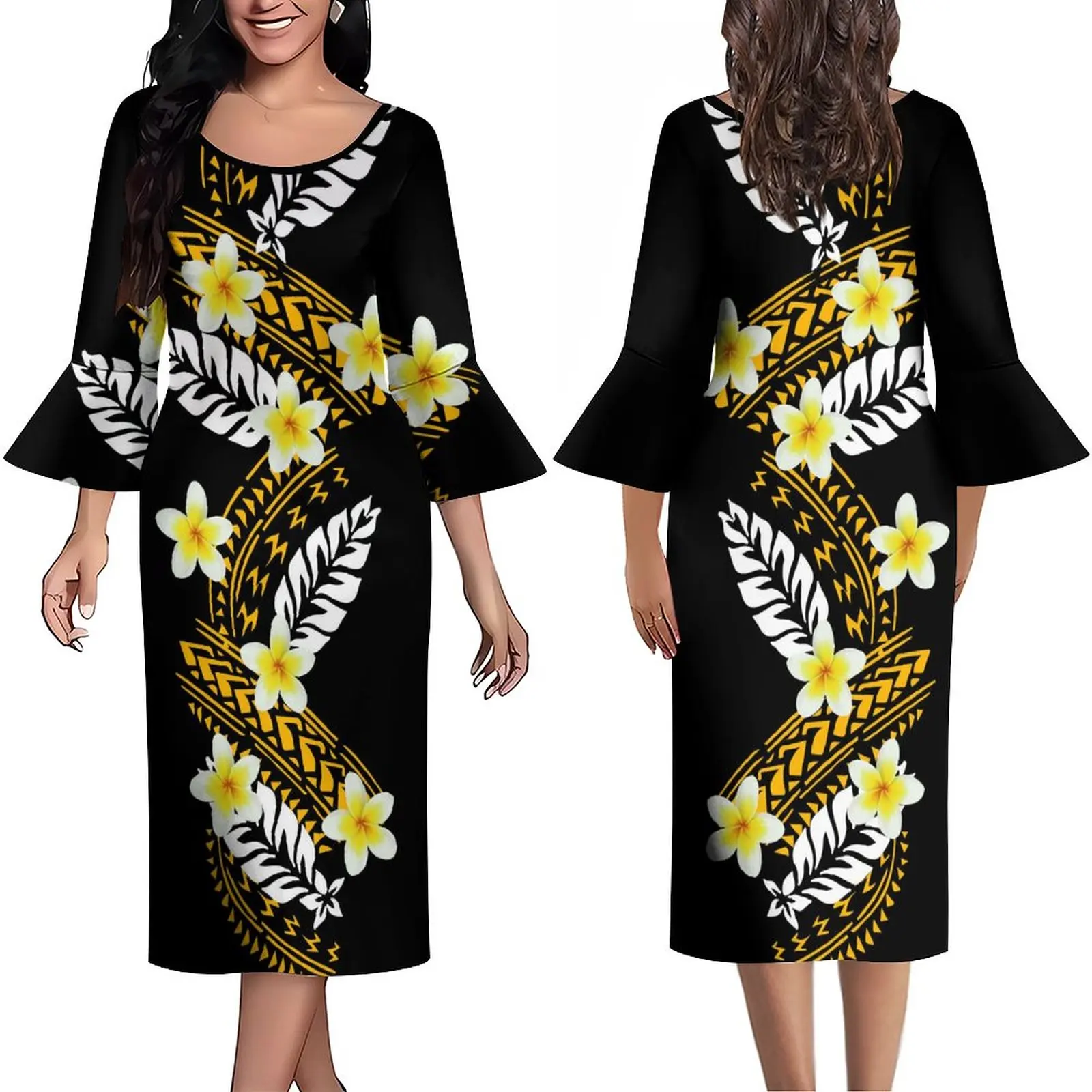

2023 Art Print Maxi Dress Vintage Banquet Party Dress For Women Summer Long Sleeve Comfortable Dress Custom Polynesian