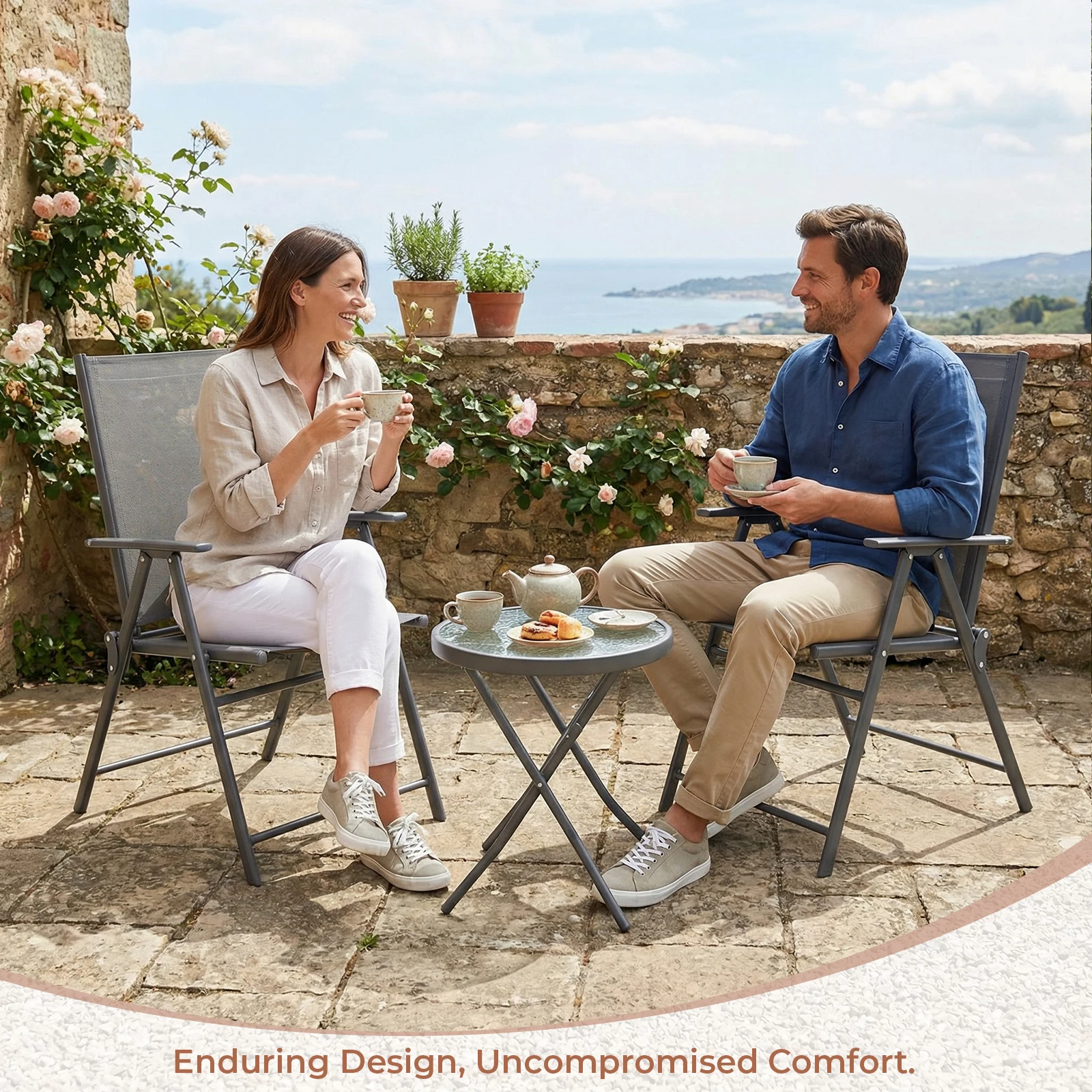 Klappbar Gartenmöbel Set,3-teiliges Outdoor Sitzgruppe 2 Klappstühlen 1 Glastisch Set,Balkonmöbel Set,Ergonomisch,für Balkon,Terrasse – Detail 16
