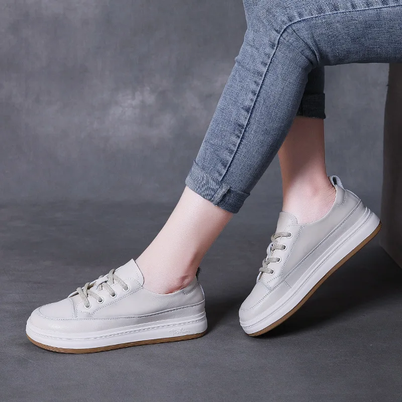 

2022 Handmade Women Sneakers Real Leather Fashion Flats Shoes Woman Lace-up Casual Daily Spring Lady Footwear Size 35-40