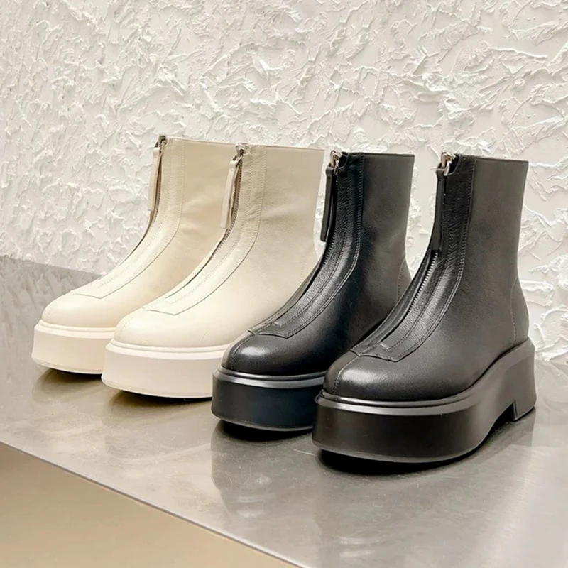 High quality Dermis Thick sole Short boots Women Front zipper Ankle high boots Flat Sloping heel shoes Casual Womens boots 2