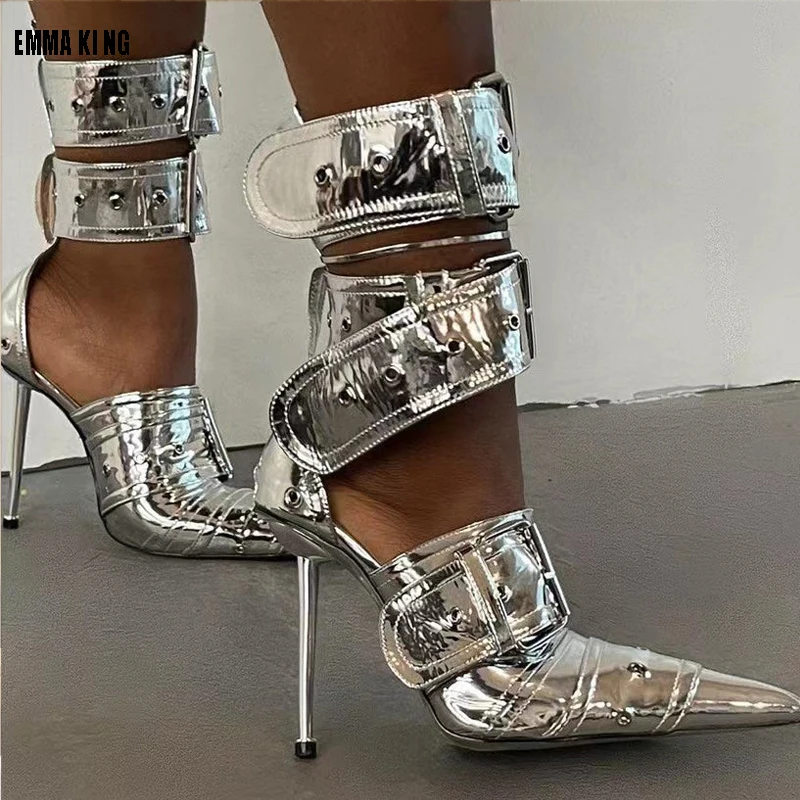 

2023 Autumn New Fashion Pointed Toe Ankle Wrap Sandals Boots High Heels with Rivet Belt Shoes for Women Punk Heels 34-44
