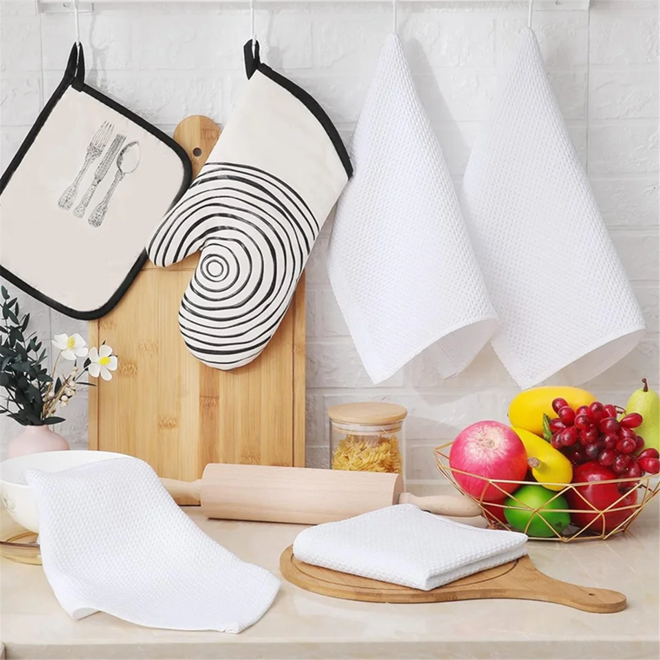 Lot De 5 Torchons De Cuisine 100% Coton Gaufré - 30x30 Cm, Noir, Absorbants Et Rapides Au Séchage - 9