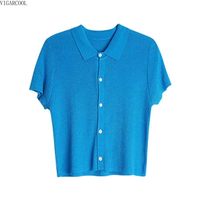 

Klein Blue Ice Silk Knitted Short Sleeve Polo Shirt for Women 2023 New Summer Thin Design Sense Small Top Short Versatile Female