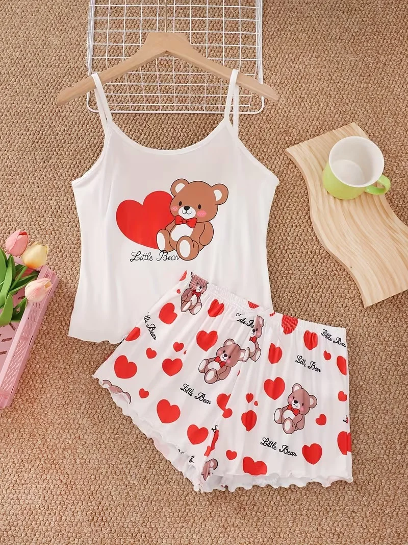 Summer Cute Bear+Heart Print 2pcs Pajamas Set Women Homewear Camisoles Tops and Shorts Underwear Sexy Lingerie Sleepwear 6
