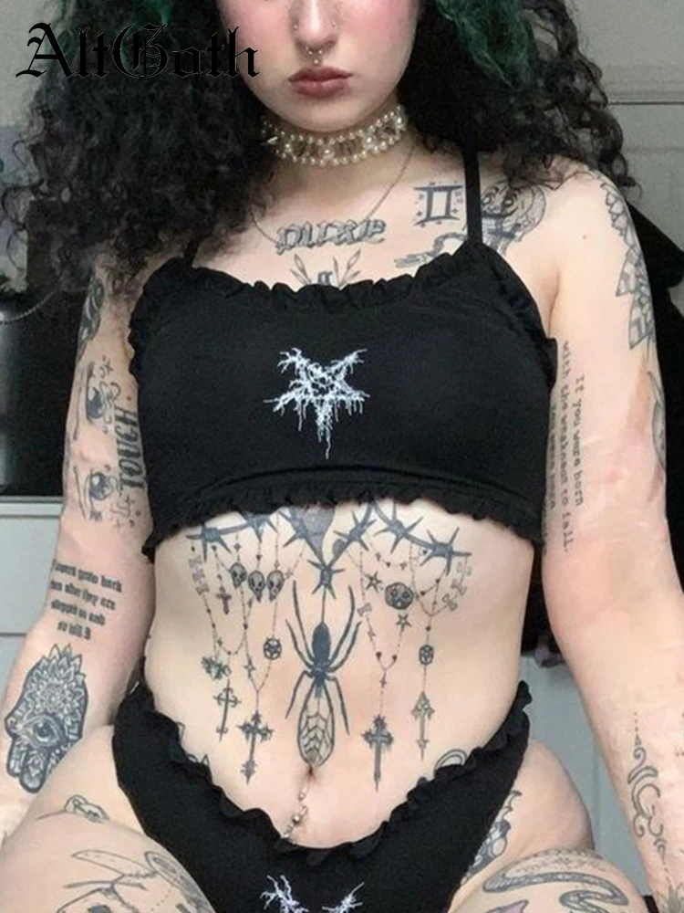AltGoth Pastel Goth Sexy Camis Women Aesthetic Y2k Emo Alt Pentagram Printed Strapless Crop Tops Dark Gothic Punk Grunge Vests | Женская