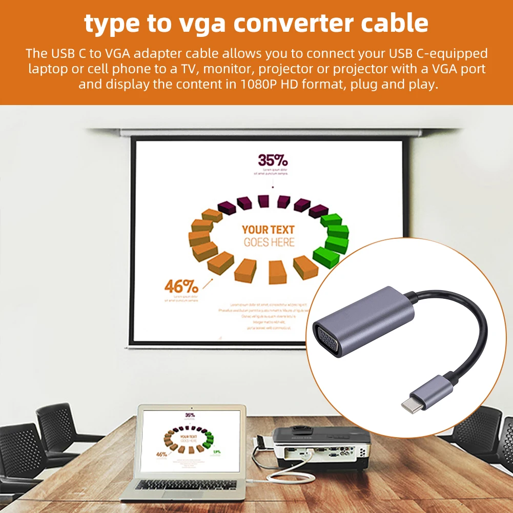 USB C에서 VGA 디스플레이 어댑터 케이블 지지대, 핫 스왑 비디오 케이블 변환기, 휴대폰 노트북, 맥북 에어 및 프로용, 1080P HD