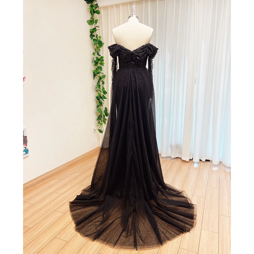 Sc7501244ffba4d6faceaf2a4a5c1e13bY Elegant Sky Blue Mermaid Pearls Evening Dress for Women Long Sleeves with Detachable Train Formal Prom Wedding Party Gowns Mallzona