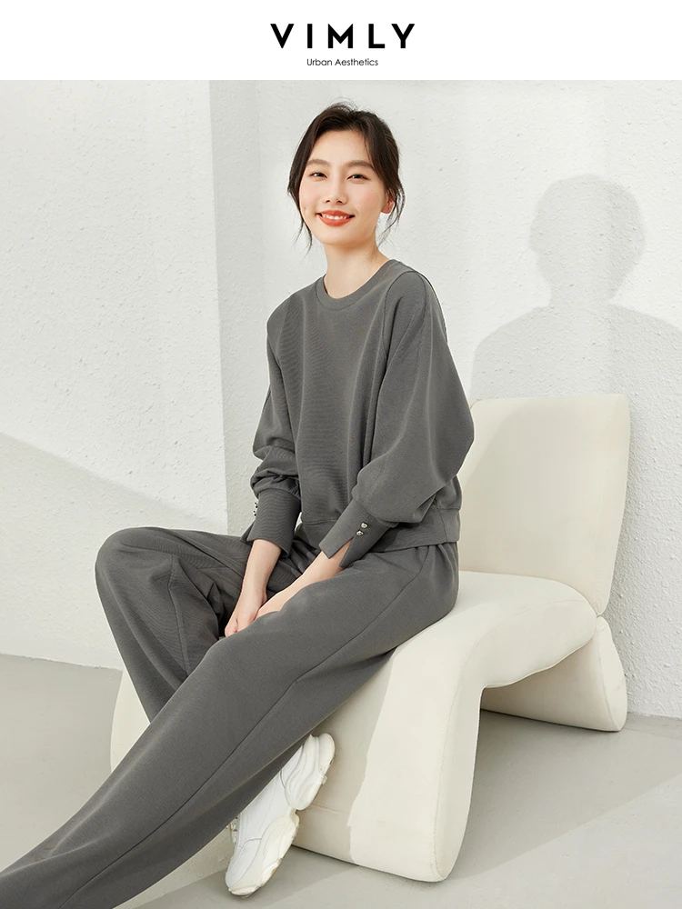 VIMLY Women Casual Round Neck Sweater 2024 Spring/Autumn Office Lady Loose Pullover Top Trousers And Long Pants Sets M5851