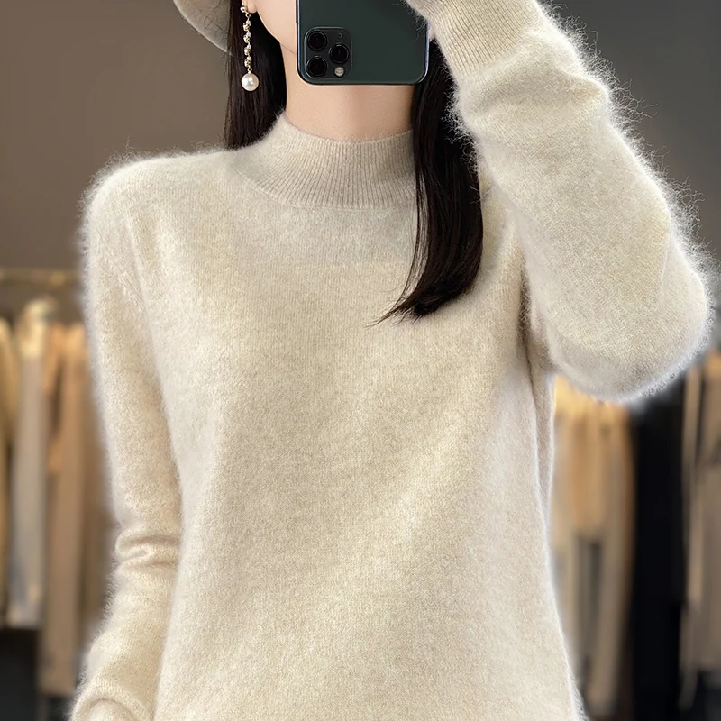 

Women's Loose Half Turtleneck Pullover, 100% Mink Cashmere Sweater for Women's, Simple Soft Tops, Basic Style, Spring and Autumn