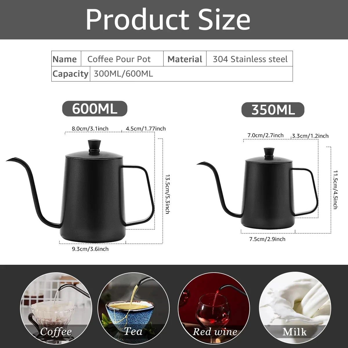 600ML Pour Over Coffee Kettle Gooseneck Kettle Spout Coffee Pots Drip Maker Long Narrow Stainless Steel Pour coffee pot coffee kettle pour over coffee maker