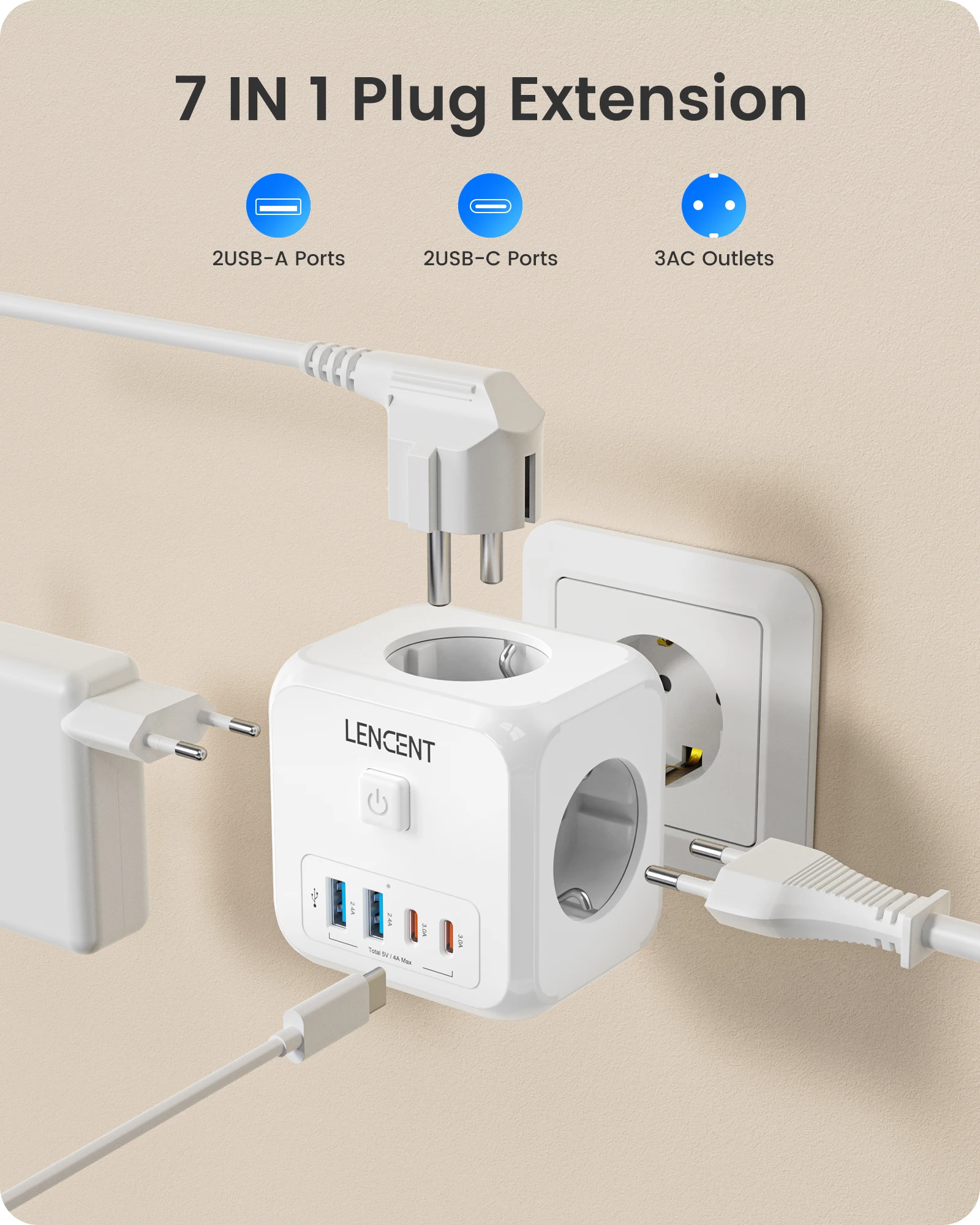 LENCENT 7-in-1 EU Plug Wall Socket Extender with 3AC Outlets+ 2 USB-A+2 USB-C Cube Socket On/Off Switch Adapter for Home BEST SELLERS