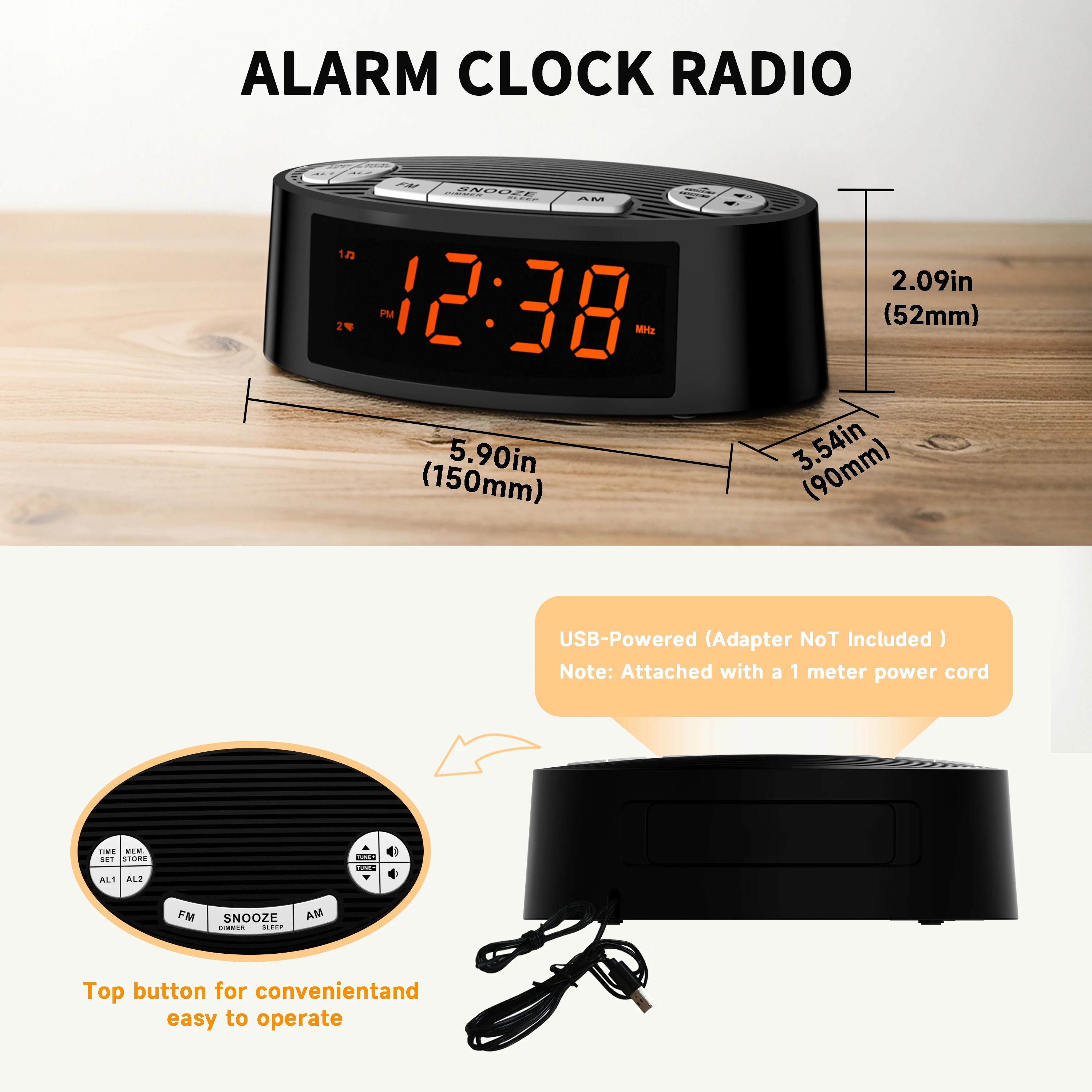 AM/FM Alarm Clock Radio with Dual Alarm Sleep Timer & Snooze Functions Orange LED Display 4-Level Dimming Option iTOMA CKS3301U 5