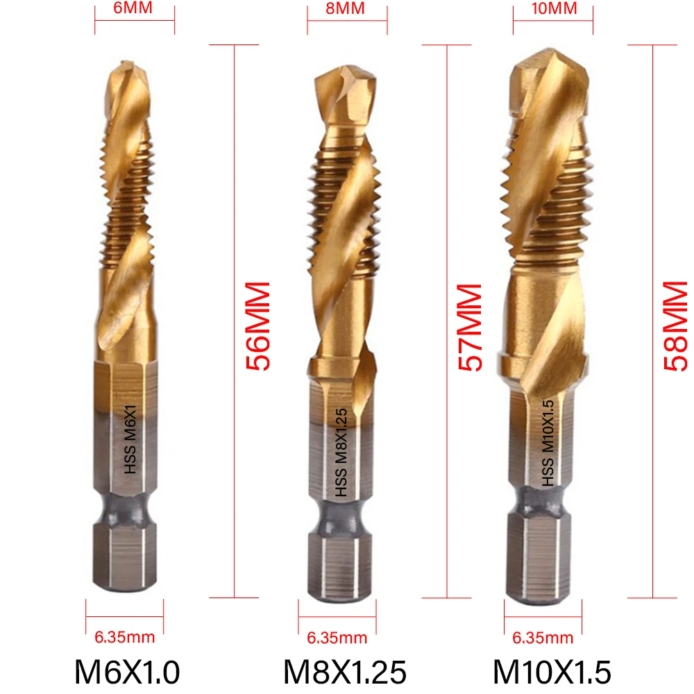 L-FIRST 6pcs Tap Drill Bit Hex Shank Titanium Plated HSS Screw Thread Bit Screw Machine Compound Tap M3 M4 M5 M6 M8 M10 Tools best hand planer Hand Tools