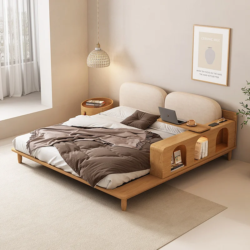 

Solid Wood Bed 1.8M Bedroom Modern Minimalist Cream Style Functional Tatami Double Bed Log Marriage Bed