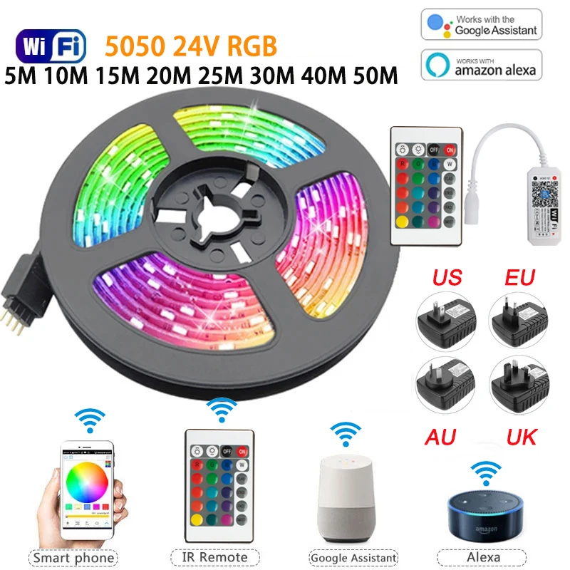 

LED Strip Light for Room 24v WIFI Bluetooth RGB Tape LED Lights Color for Decoration Christmas Neon Lights LED 25m 30m 40m 50m