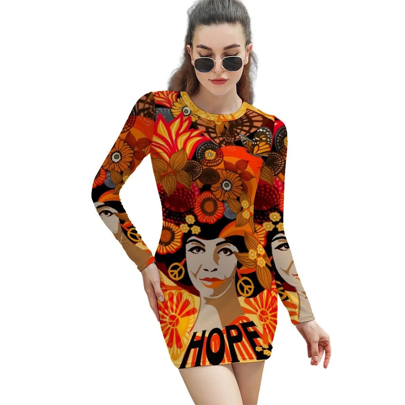 Equality, Angela Davis Hope retro 70s Long-Sleeved Sheath Dress Women's evening dress evening dresses women