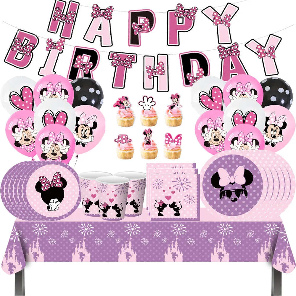 

Disney Purple Minnie Mouse happy birthday party paper Disposable Tableware for baby shower kid favor minnie party plate Supplies