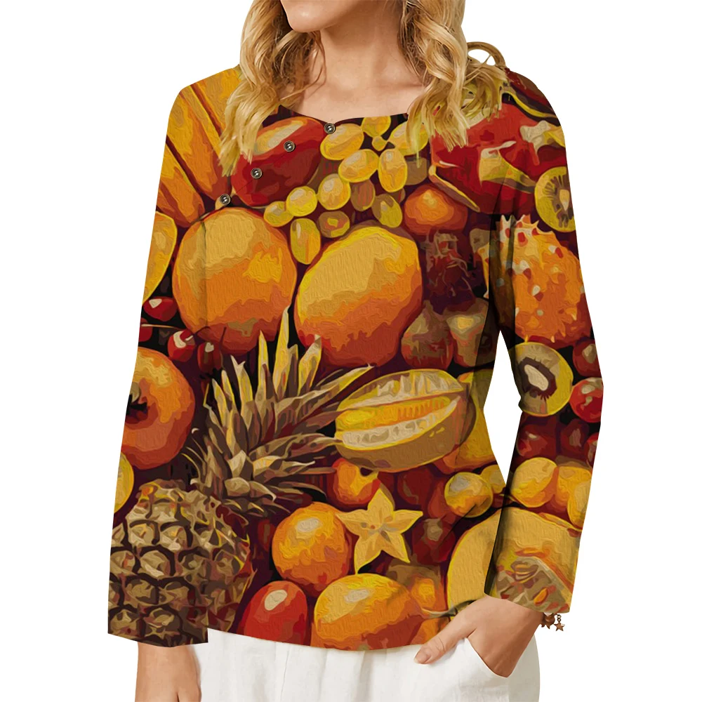 

CLOOCL Fashion Women T-shirt Oil Painting Fruit Pattern 3D Printed Button Decorate Long Sleeve Tee Oversized Kawaii T-shirt Tops