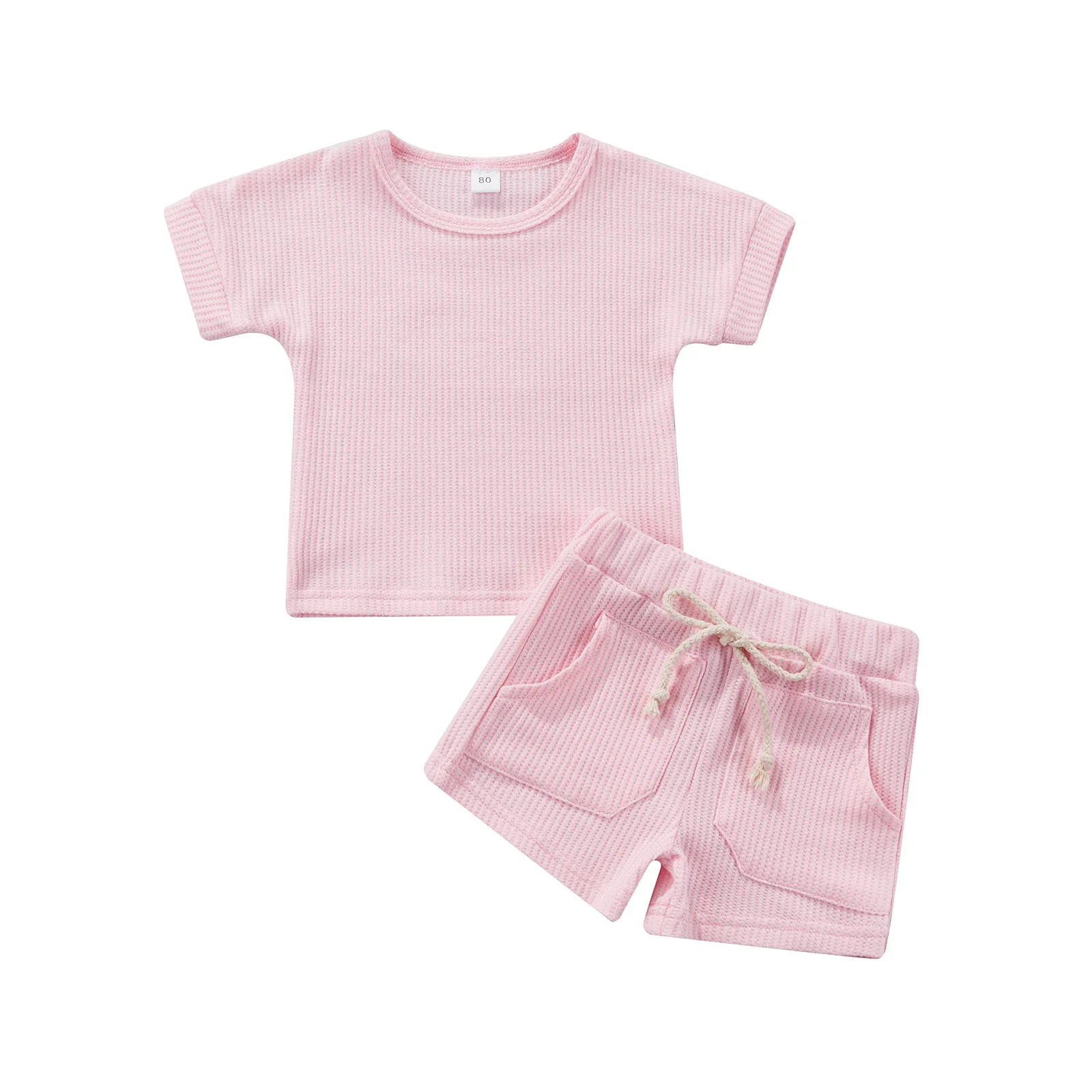 Summer New Kids Baby Girls Boys 2-piece Outfit Sets Solid Color Ribbed Cotton Top and Pocket Shorts Set for Children Boys Girls new baby clothing set	 Baby Clothing Set