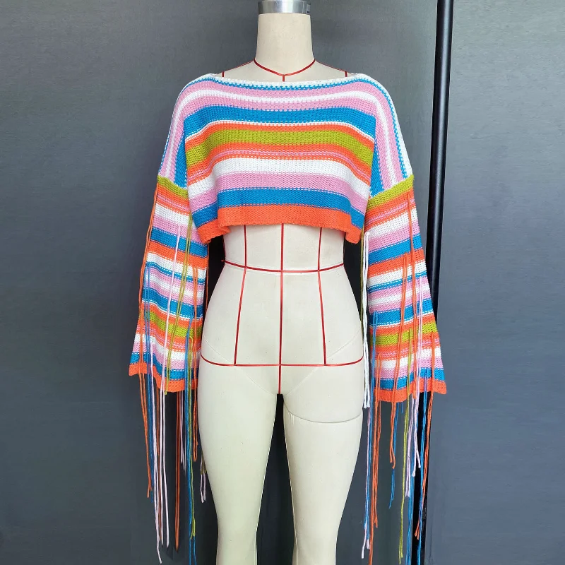 Tassel Contrast Holiday Sweater Pullovers For Women Loose Flared Sleeve Beach Boho Knit Female Cover up Pullover Crop top