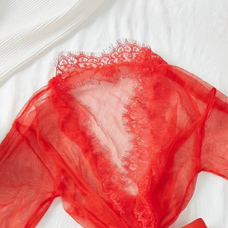 Women Sleepwear Robes Pajamas Nightdress Underwear L XL XXL Lace Thin See Through Gauze Girdle