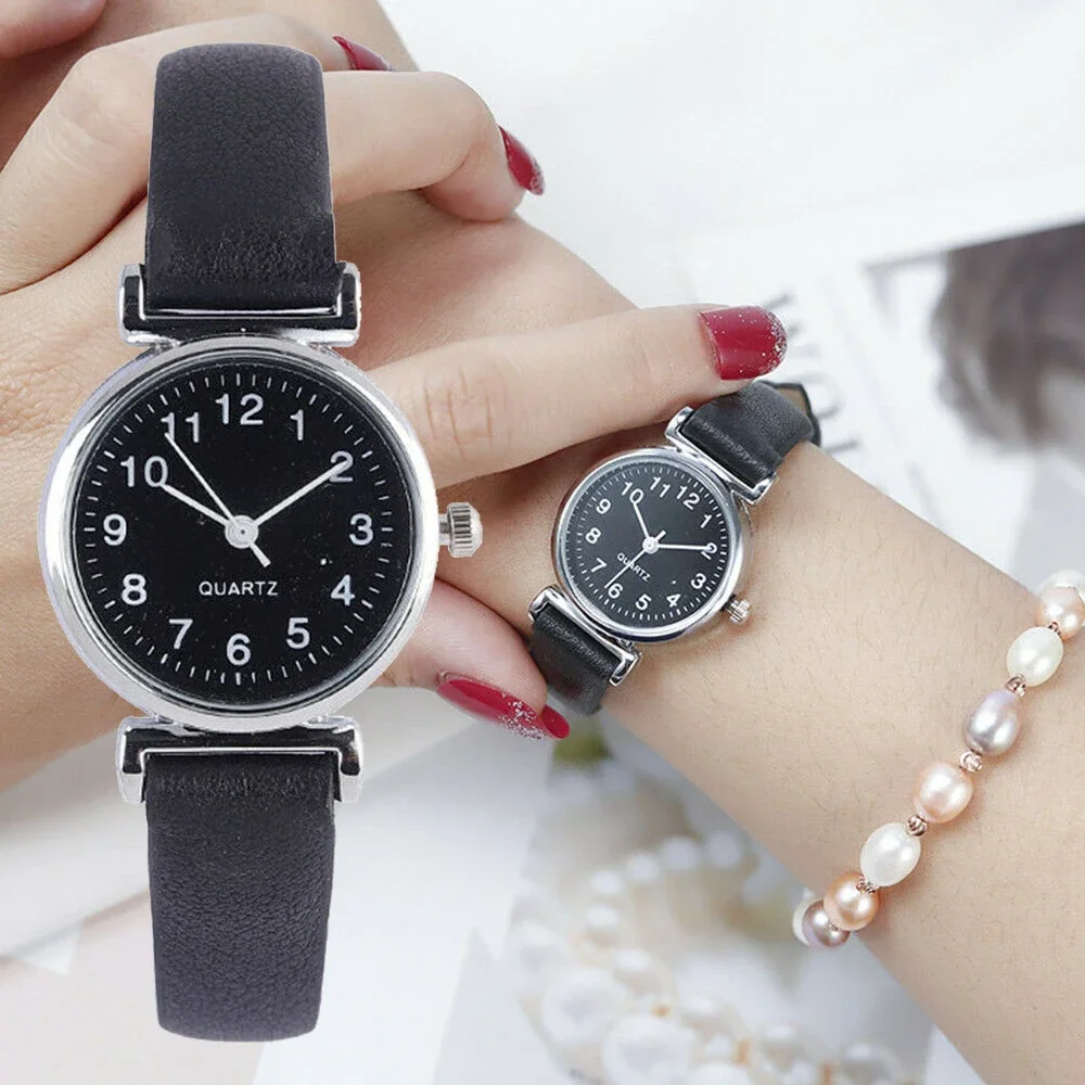 Elegant Women's Retro Quartz Watch with Black and Red Leather Strap