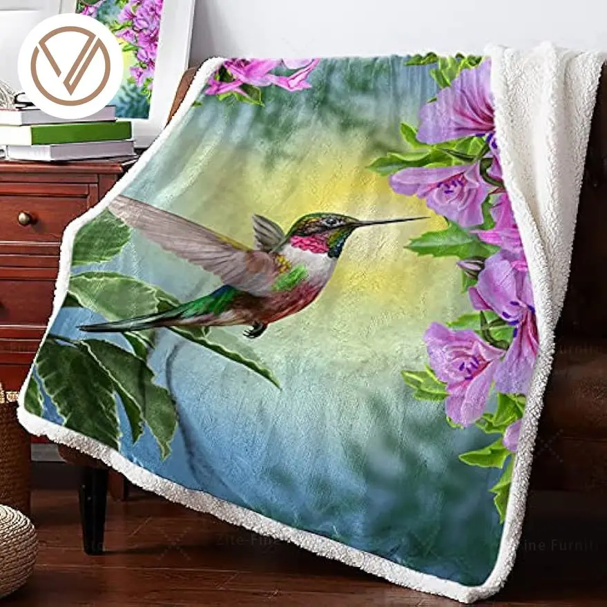 

Comfort Her Sherpa Fleece Throw Blanket Spring Hummingbird Bird Flower Fuzzy Soft Flannel Blanket Reversible Ultra