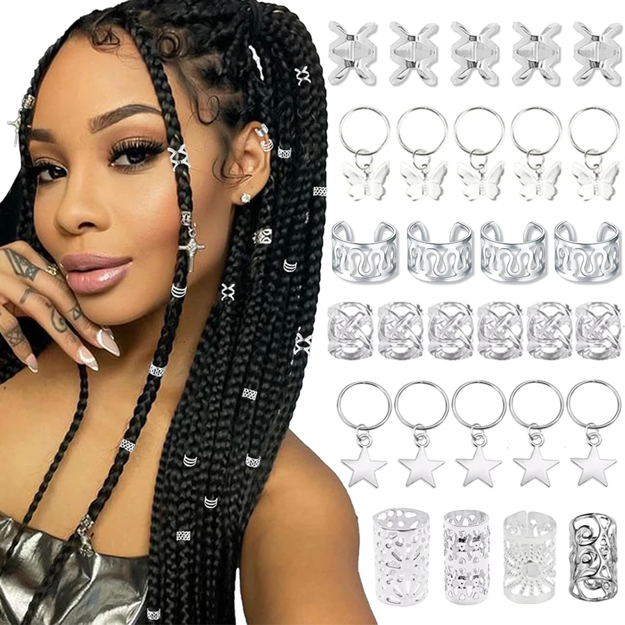 Silver Metal Hair Cuffs for Women Braids Dreadlocks Hair Beads Multi Style Hair Rings Adjustable Hair Accessories