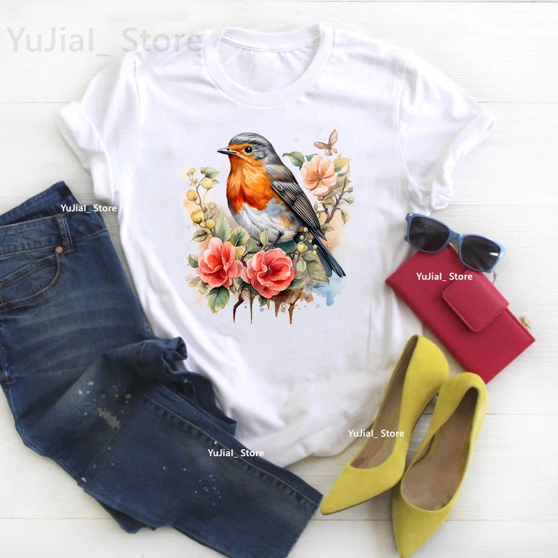 

Cute Bird Flowers Print T Shirt Girls Watercolor Cockatiel Parrot Tshirt Women Summer Fashion Tops Tee Shirt Femme