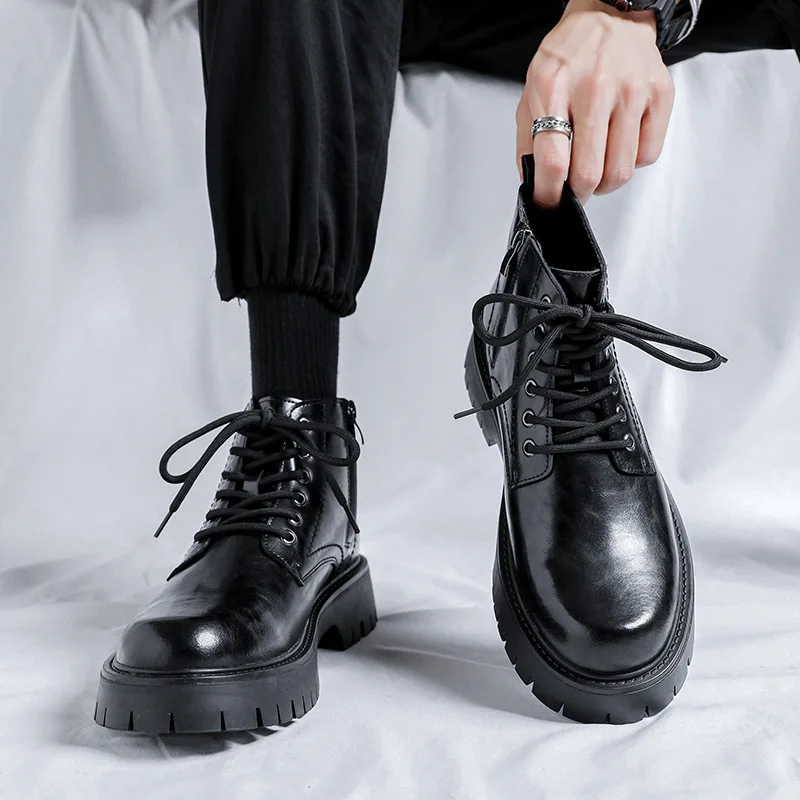 

Autumn Fashion Men Leather Ankle Boots Casual Lace Up Platform Motorcycle Boots Male Streetwear Side Zipper Short Boots