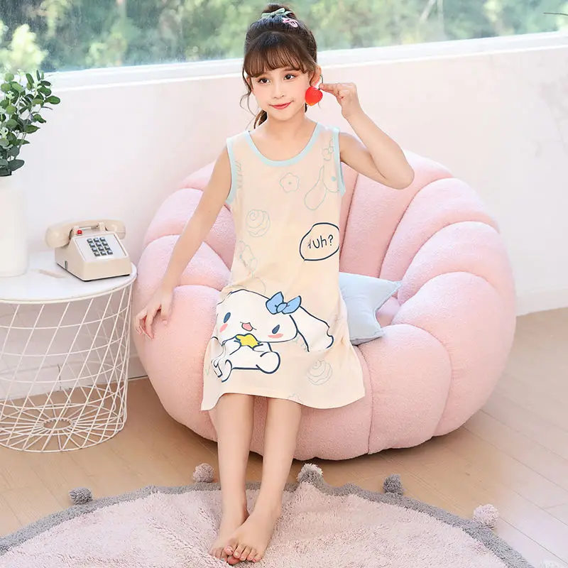 

2024 New Girls Nightdress Sanrio Kawaii Anime Cinnamoroll Kuromi Sleeveless Tank Dress Summer Sweet Cute Cartoon Homewear Kids