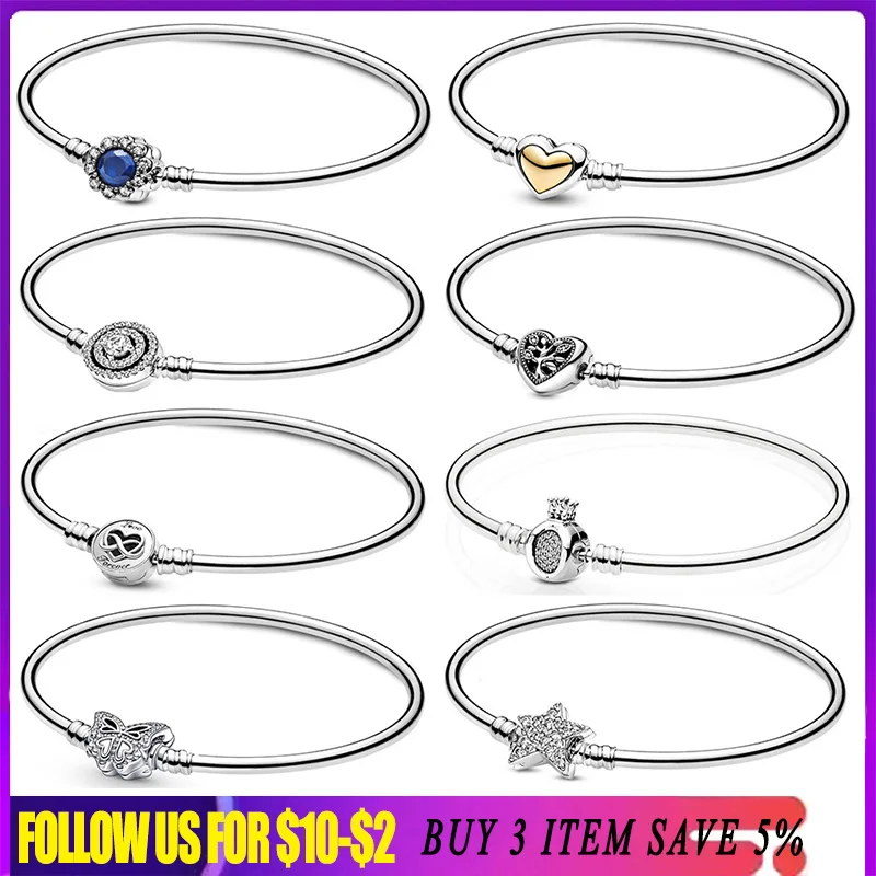 

925 Sterling Silver Bracelets Star Heart Infinity Moments Halo Beads Pavé Snake Chain Bangles For Women Diy Pendant Jewelry