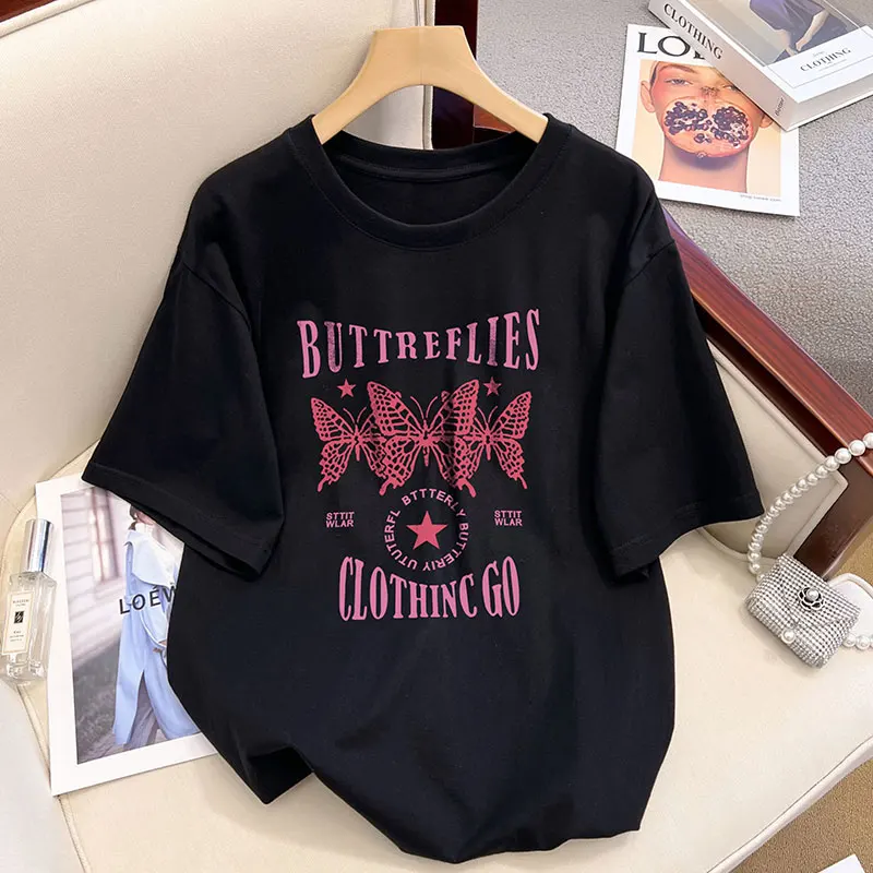 

M-6XL Oversized Bufferflies T Shirt Women Summer New 100% Cotton Loose 2000s Clothes Y2k Cute Shirts Black White Women Tops