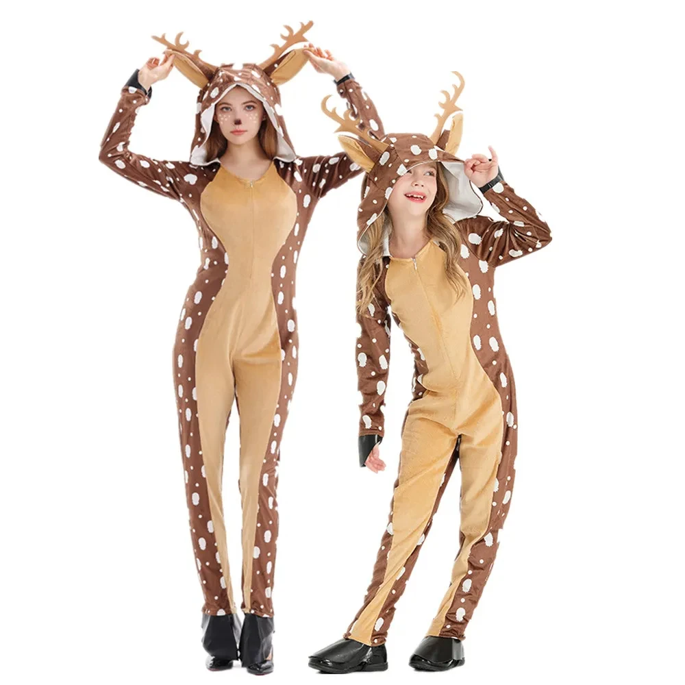 

Christmas Reindeer Jumpsuit Cosplay Santa Claus Costume Cute Plum Deer Animal Wears Khaki Spotted Deer Stage Performance Clothes