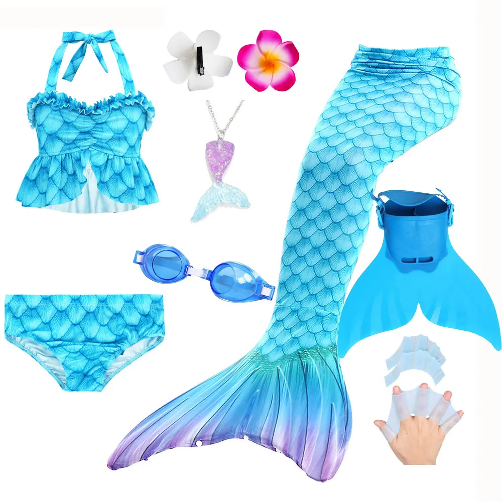 Girls Mermaid Tailskin Swim Dress Cosplay Children Blue Mermaid Tail With Bikini Tops Shorts Monofin Anime Costume