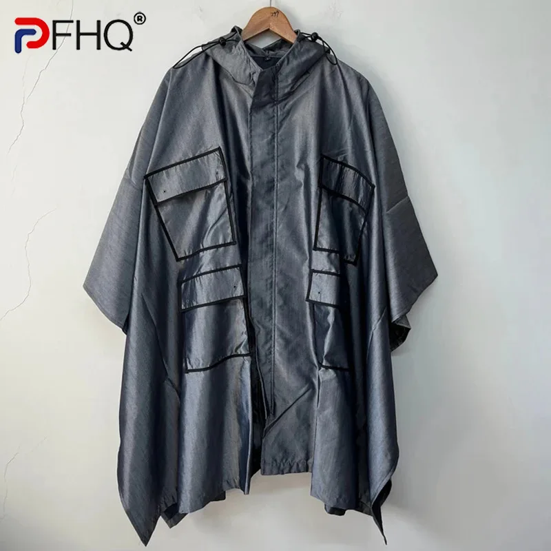 

PFHQ Men's Multi Pocket Silhouette Hooded Sleeveless Cape Coat Trendy Niche HIgh Street Windbreakers Avant-garde Autumn 21Z2508