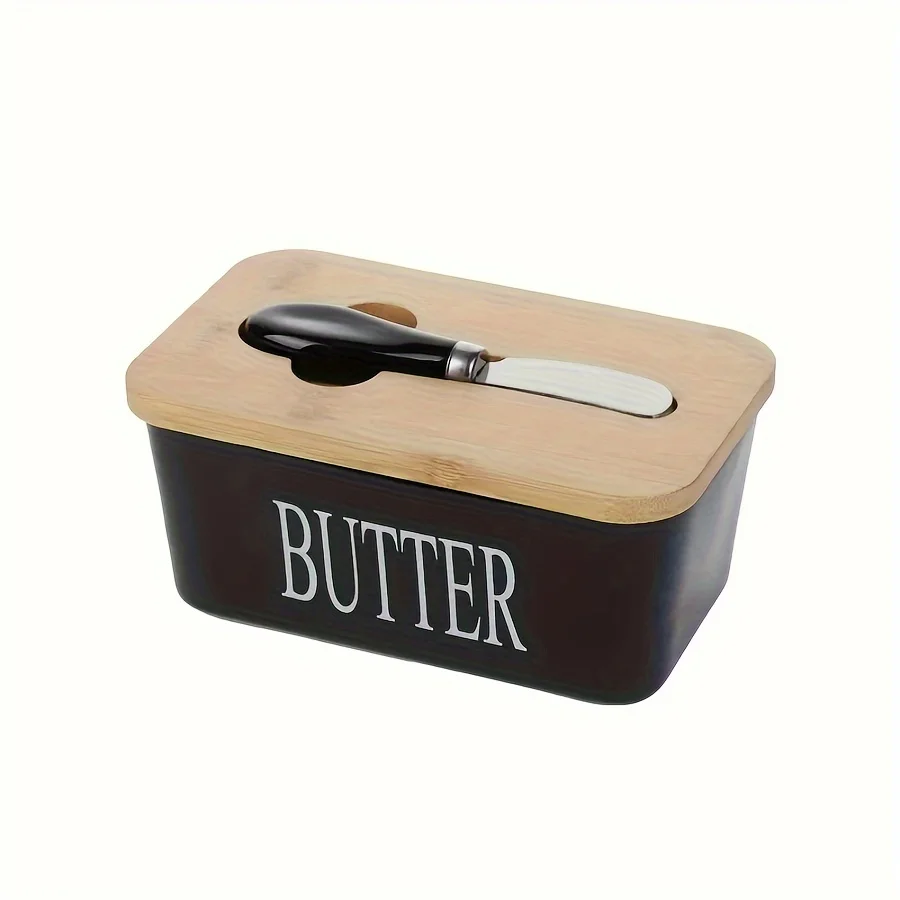 Ceramic Butter Keeper Set Airtight Dish Set-Bamboo Lid and Knife Silicone Sealed Butter Keeper Kitchen Countertop Refrigerator