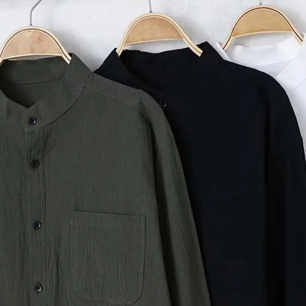 

Men Shirt Breathable Stylish Men's Stand Collar Shirts with Patch Pockets for Casual Spring Fall Wear Loose Fit Men Shirt