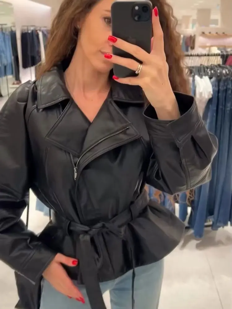 HH Women Fashion Black Short Faux Leather Trench Coat Long Sleeve Lapel Jacket With Belt Vintage Lady Motorcycle Jacket Outwear