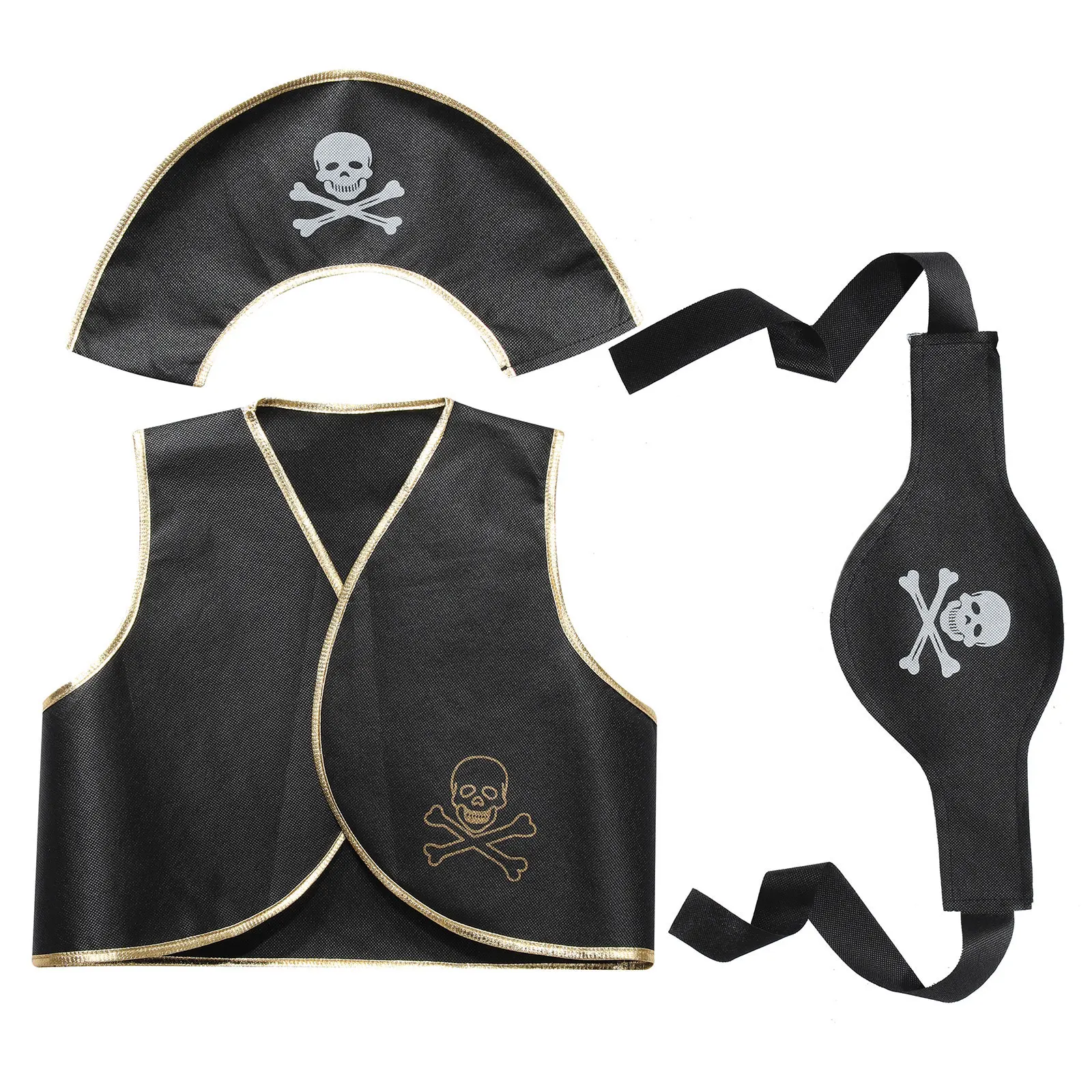 Kids Halloween Pirate Jack Captain Cosplay Costume Skull Print Eyeshade+Vest+Hat Belt+Earring Set Theme Party Dress Up Props
