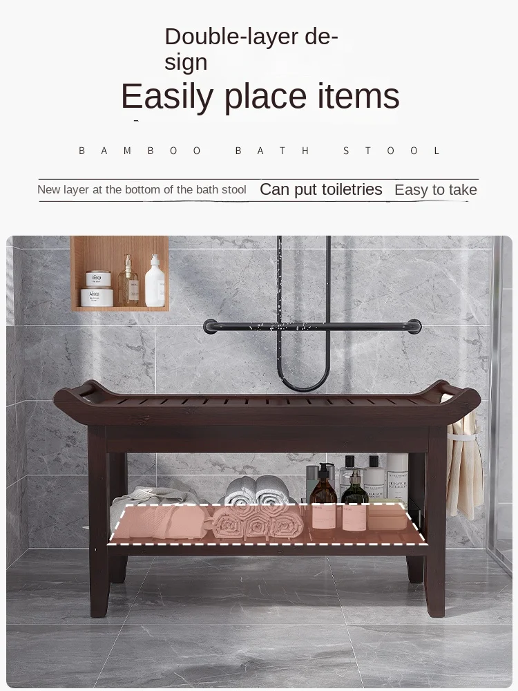 Bamboo Shower Stool with Multiple Layers and Storage Shelf, Sturdy and Durable, Suitable for Bathroom, Living Room, More