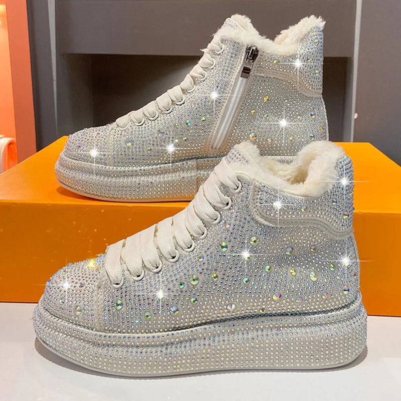 New Rhinestone Women High Top Winter Warm Plush Lined Casual Boots 4.5CM Increased Warmth Waterproof Casual Cotton Shoes 35-40